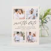 Elegantes Script Cream 4 Foto Collage Save The Date (Stehend Vorderseite)