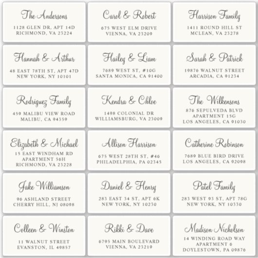 Elegantes Script Cream Wedding Guest Address Aufkleber (Vorderseite)