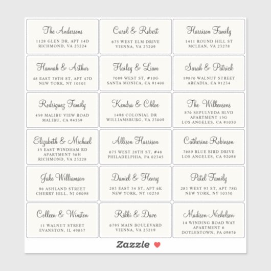 Elegantes Script Cream Wedding Guest Address Aufkleber (Blatt)