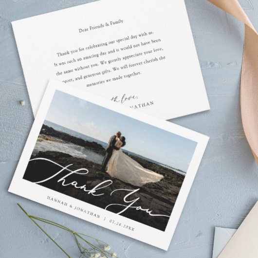 Elegantes Script Custom Foto Hochzeit Dankeskarte