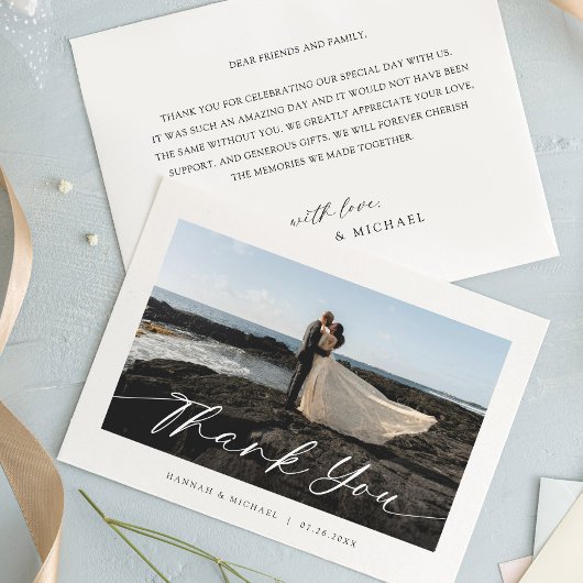 Elegantes Script Custom Foto Hochzeit Dankeskarte