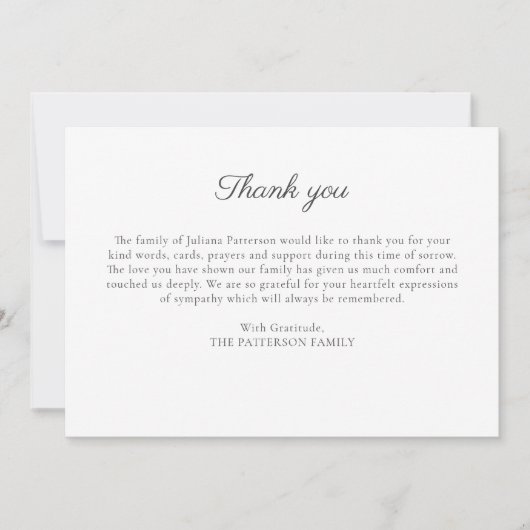 Elegantes Script Custom Funeral Foto Danke Karte (Vorderseite)