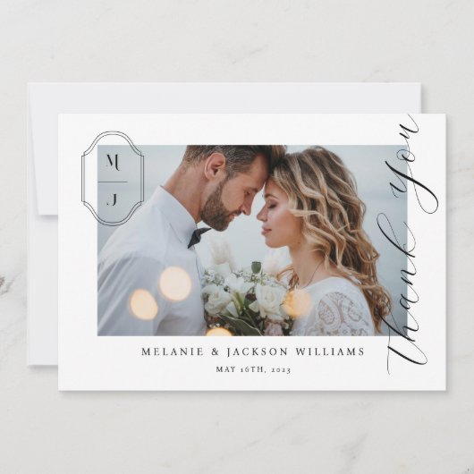 Elegantes Script Custom Monogram Wedding Foto Dankeskarte (Vorderseite)