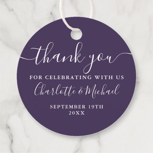 Elegantes Script Danke Lila Hochzeit Geschenkanhänger (Rückseite)