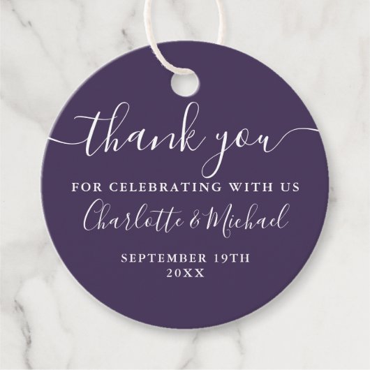 Elegantes Script Danke Lila Hochzeit Geschenkanhänger (Vorderseite)