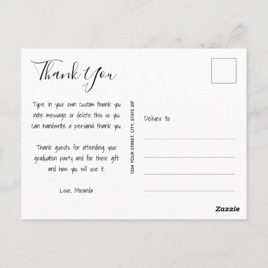 Elegantes Script Dankeschön Foto Abschluss Postkarte (Rückseite)