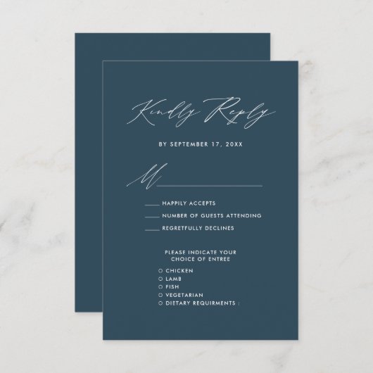 Elegantes Script Dark Blue Minimalistisch Wedding Begleitkarte (Vorne/Hinten)