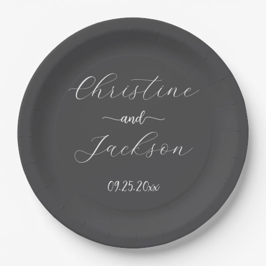 Elegantes Script Dark Gray Wedding Pappteller (Vorderseite)