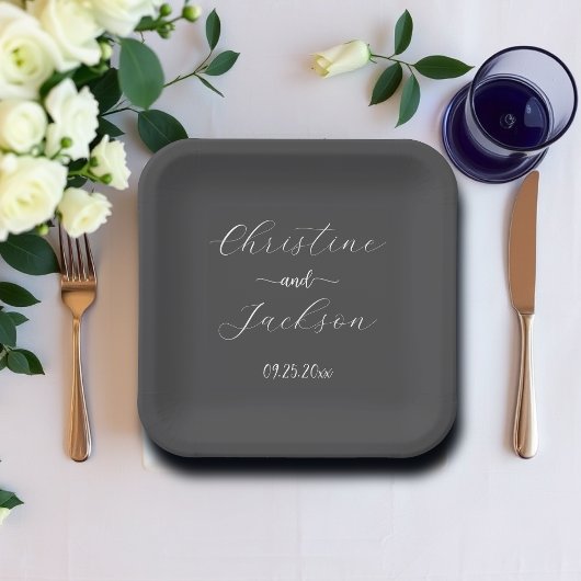 Elegantes Script Dark Gray Wedding Pappteller