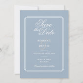 Elegantes Script Dusty Blue Art Deco Hochzeit Save The Date (Vorderseite)
