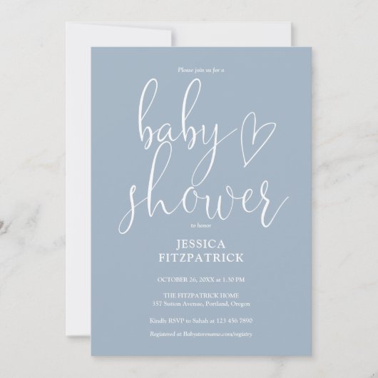 Elegantes Script Dusty Blue Baby Shower Einladung (Vorderseite)