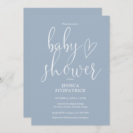 Elegantes Script Dusty Blue Baby Shower Einladung (Vorne/Hinten)
