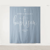 Elegantes Script Dusty Blue Baptism Foto Hintergru Wandteppich (Vorderseite)