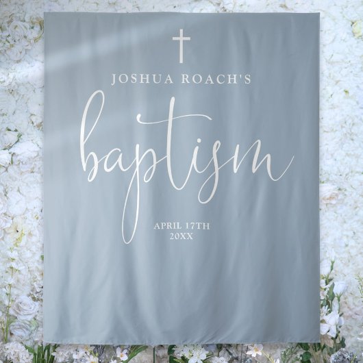 Elegantes Script Dusty Blue Baptism Foto Hintergru Wandteppich