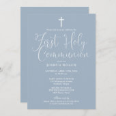Elegantes Script Dusty Blue First Holy Communion Einladung (Vorne/Hinten)