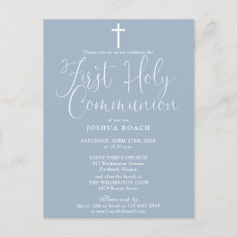 Elegantes Script Dusty Blue First Holy Communion Postkarte