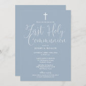 Elegantes Script Dusty Blue First Holy Communion Save The Date (Vorne/Hinten)