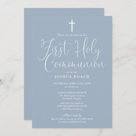 Elegantes Script Dusty Blue First Holy Communion Save The Date (Vorne/Hinten)