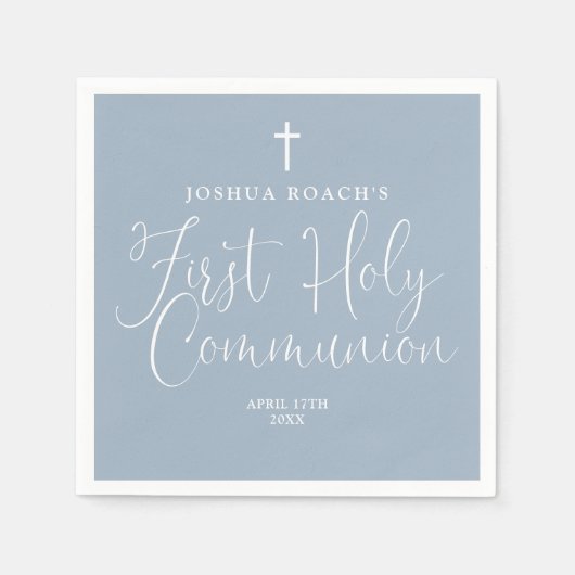 Elegantes Script Dusty Blue First Holy Communion Serviette (Vorderseite)