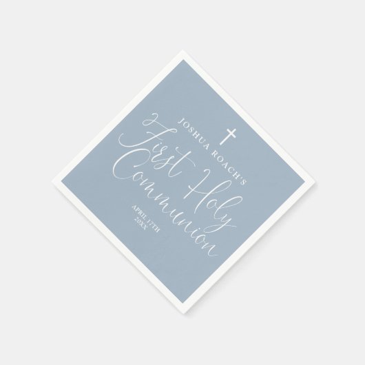 Elegantes Script Dusty Blue First Holy Communion Serviette (Ecke)