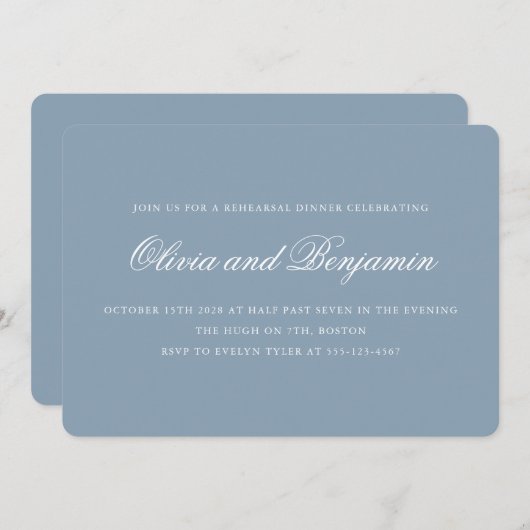Elegantes Script Dusty Blue Formal Probe Dinner Einladung (Vorne/Hinten)