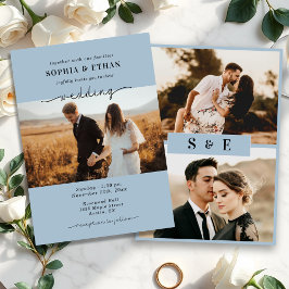 Elegantes Script Dusty Blue Foto Hochzeit Einladung