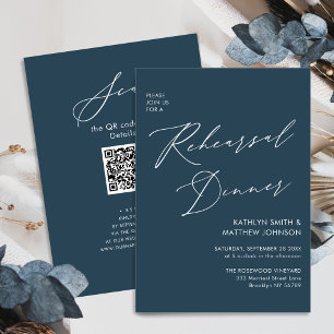 Elegantes Script Dusty Blue Probe Dinner QR Einladung