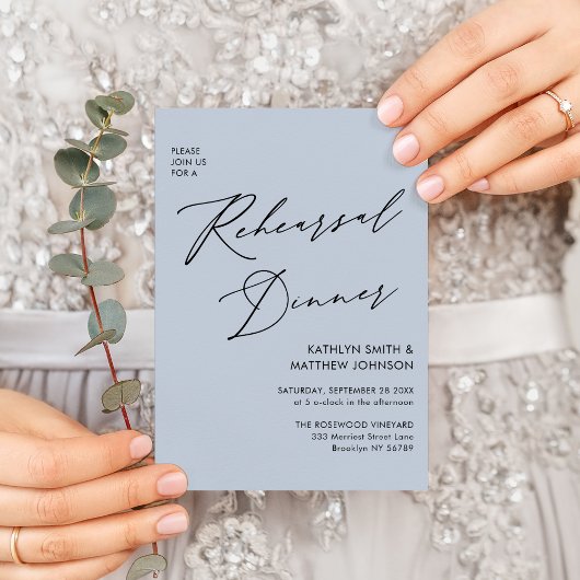Elegantes Script Dusty Blue Probe Dinner QR Einladung
