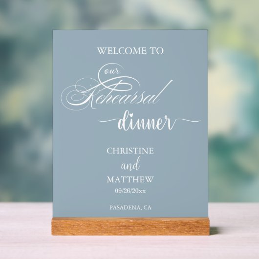 Elegantes Script Dusty Blue Probe Dinner Willkomme Acrylschild (Neutral)