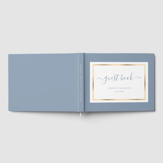 Elegantes Script Dusty Blue und Gold Wedding Gästebuch (Voll)