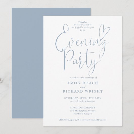 Elegantes Script Dusty Blue Wedding Abend Party Einladung (Vorne/Hinten)