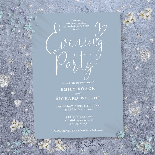 Elegantes Script Dusty Blue Wedding Abend Party Einladung