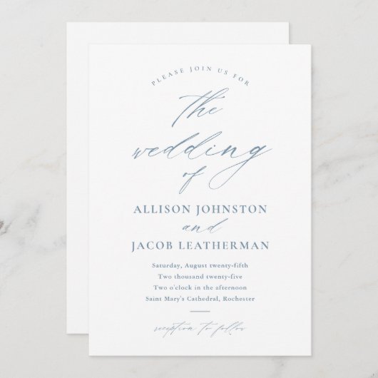 Elegantes Script Dusty Blue Wedding Einladung (Vorne/Hinten)