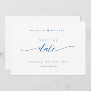Elegantes Script, Dusty Blue, White Simple Wedding Save The Date