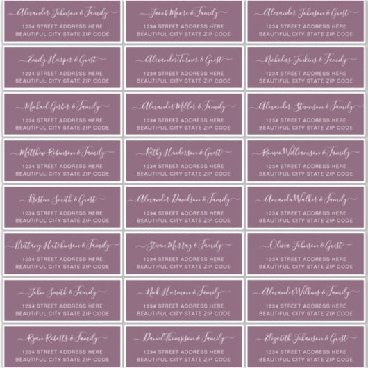 Elegantes Script Dusty Mauve Wedding Guest Address Aufkleber (Vorderseite)