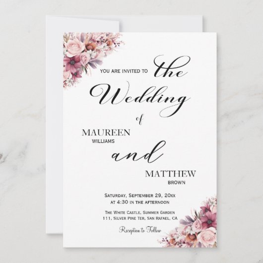 Elegantes Script Dusty Pink Boho Floral Wedding Einladung (Vorderseite)