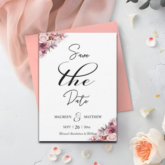 Elegantes Script Dusty Pink Floral Save the Date
