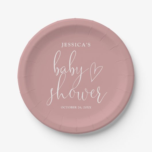 Elegantes Script Dusty Rose Pink Baby Shower Pappteller (Vorderseite)