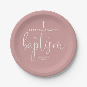 Elegantes Script Dusty Rose Rosa Taufe Pappteller
