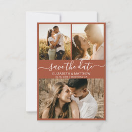 Elegantes Script Earthy Rust Foto Collage Wedding Save The Date