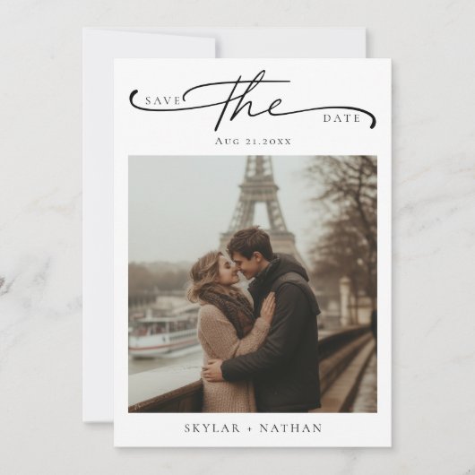 Elegantes Script Eiffel Tower Romantisches Foto Ho Save The Date (Vorderseite)