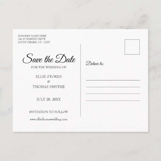 Elegantes Script Einfaches Foto Save the Date Post Postkarte (Rückseite)