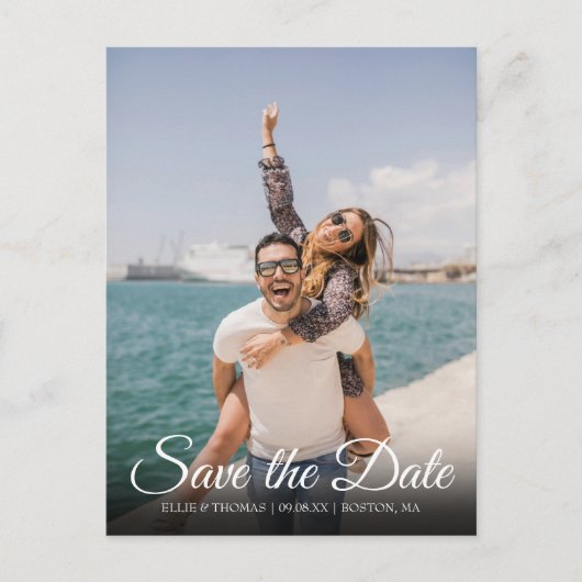 Elegantes Script Einfaches Foto Save the Date Post Postkarte (Vorderseite)