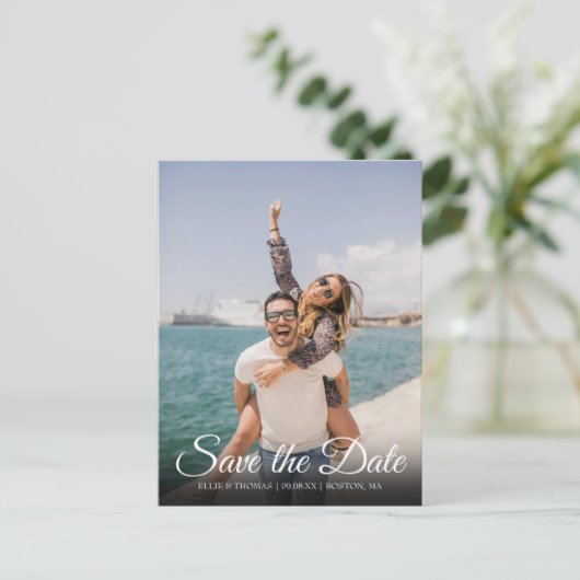 Elegantes Script Einfaches Foto Save the Date Post Postkarte (Stehend Vorderseite)