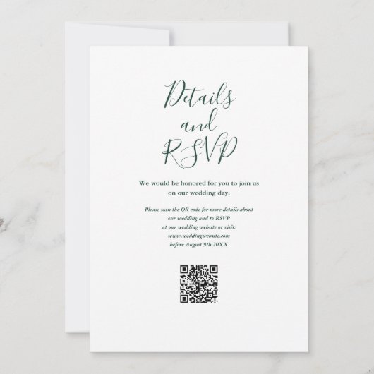 Elegantes Script Emerald Green QR Code Hochzeit Einladung (Rückseite)