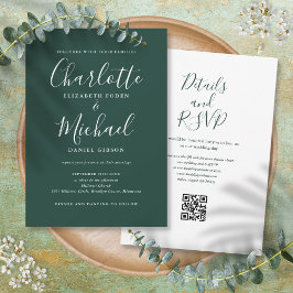 Elegantes Script Emerald Green QR Code Hochzeit Einladung