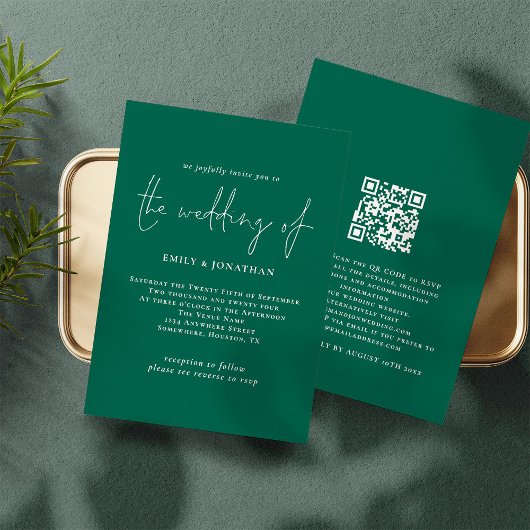 Elegantes Script Emerald Green QR Code Hochzeit Einladung