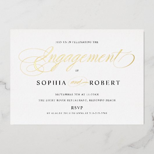 Elegantes Script Engagement Party Gold Folieneinladung (Vorderseite)