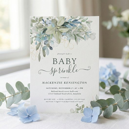 Elegantes Script Eucalyptus Greenery Baby Sprinkle Einladung