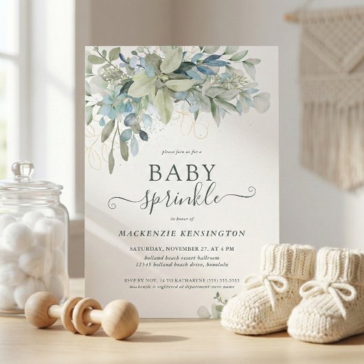Elegantes Script Eucalyptus Greenery Baby Sprinkle Einladung